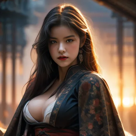 photorealistic, masterpiece, photorealistic, high resolution, soft light, hips up, blue eyes, white hair, long hair, Intricate details EABA, cloaks, short steel claws, Royal Sumo, Armor, warrior, big breasts, floating cloak in wind, sunrise