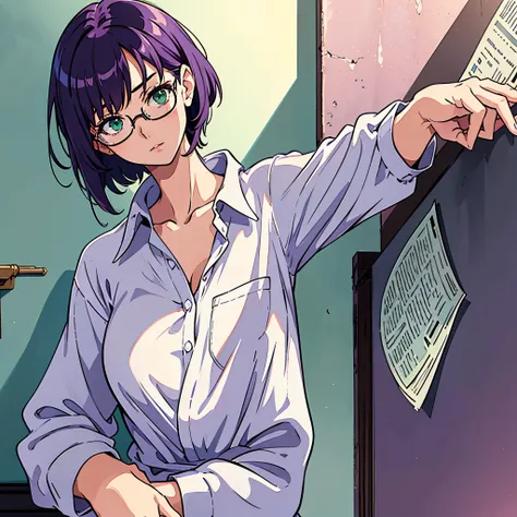 flat anime, realistic, (solo), woman, fair skin, short purple hair, green eyes, white button down shirt, open neckline, big breasts, perky breasts, lean, sexy and cute, glasses, looking at viewer, front, upper body, room, (newspapers sticked to the wall in...