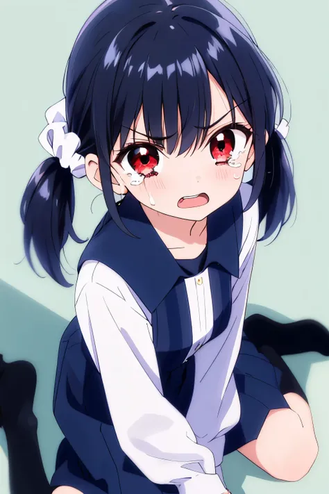 (1girl:1.2),
(shiny pitch black hair:1.3),
Low twintails tied with a white little scrunchie,
red eyes,(slanted eyes:1.1),Small eyes,
(Angry:1.0),crying,(Tears:0.9),(Open mouth wide:1.1),look at viewer,
wariza,sitting,squat,kneeling,(angle from above:0.85)...