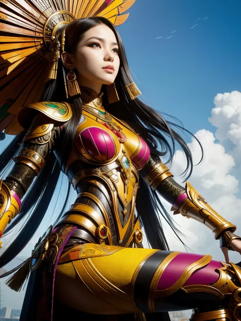 An Indonesian-styled futuristic suit worn by a girl depicting cultural fusion and modern fashion. The suit is adorned with intricate patterns and vibrant colors, showcasing the rich heritage of Indonesia. The girl stands confidently in a dynamic pose, with...