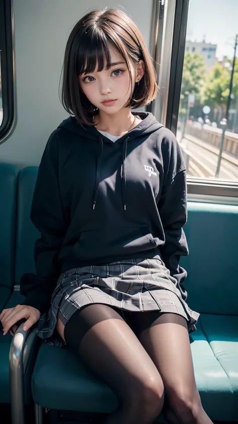 (​masterpiece、Ultra-detail、8k、top-quality:1.5)、((Awesome))、One woman、Shorthair with bangs、(((Black pantyhose)))、hi-school girl、18year old、((directly in front))、Uniforms、Wearing a black hoodie、((navy check mini skirt))、On the train、blue-sky、sitting on、(legs...