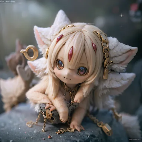 a cute smiling faputa from made in abyss, beautiful detailed eyes and lips, chibi style, in a beautiful garden, best quality, ex...