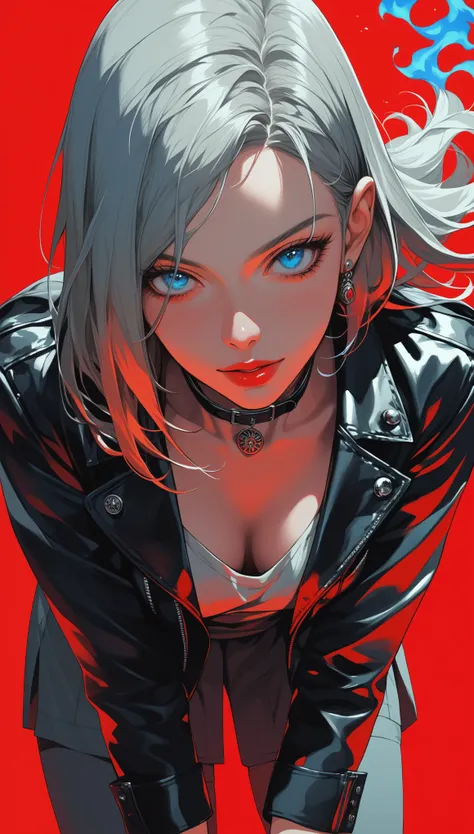 score_9, score_8_up, score_7_up, score_6_up, dark theme，sinozick style，
 (illumination magic department：1.4)，(Gravure_pose, high contrast，anime coloring，greyscale with red colored background:1.5),leather jacket,leather choker,(1 elegantly dressed aristocra...