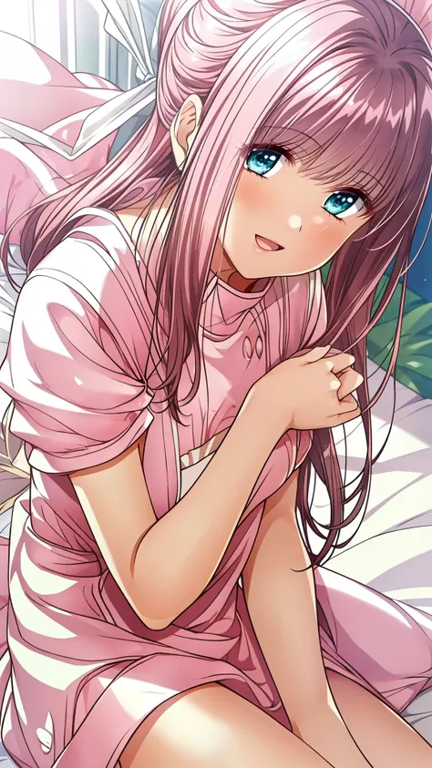 Ren Nanase, ((masterpiece, Highest quality, High resolution, clear_image)), Very beautiful and delicate, Very detailed, Intricate details, One girl, alone, Short Stack, Brown Hair, Long Hair, Straight hair, blue eyes, Hair Ribbon, (((pink summer dress:1.4)...