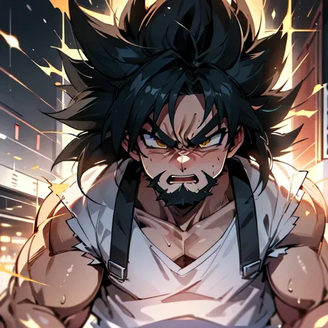 male solo images、white shirt、a slightly overweight man,bandana、long black hair、beard、angry pose、intense anger、super saiyan akiha...