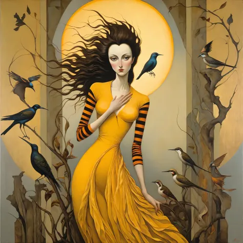 oil painting, styled by leonora carrington, michael parkes, esao andrews, and dave mckean, a woman with long, straight brown hai...