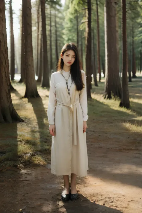 A girl,Stand next to the big tree,Tied with rope,