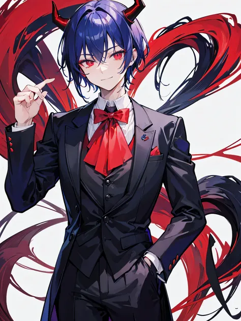 A handsome man, demon, butler, red crimson eyes color, dark blue hair color, demon horns, demon tails, twenty-seven-year-old, wearing a smiling mask