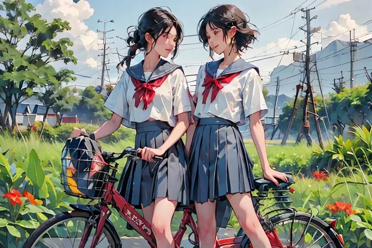 Two girls and two bikes、(Two girls riding bicycles side by side:1.2)、Beautiful Japanese Woman、Hair color is black、black eye、Medium Hair、short hair、Straight hair、smile、Slim but well-proportioned body,、They both wear the same uniform、Sailor suit、Short sleeve...