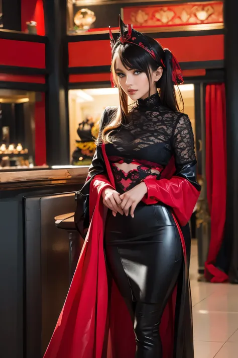 A person wearing detailed things, Futuristic red and black outfit with gold accents, Complex lace stockings, And a bold headpiece. This ensemble is、Features a variety of textures and materials, Includes leather, mesh, and metallic elements, Gives an eye-ca...