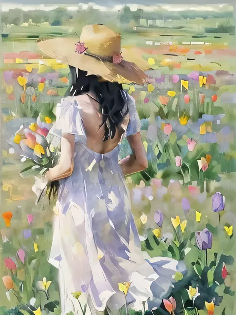 Double exposure、there is a woman in a hat standing In the flower field, Straw hat beauty、Girl in the tulip garden, woman in flowers, In the flower field, a girl floating in a flower field, Girl in Flowers, Holding a bouquet of tulips, Girl standing in a fl...
