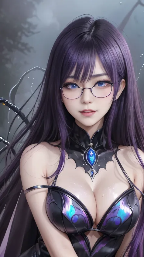 強力なスーパーevil女がクローズアップでポーズをとる, Black Goddess (Exposing shoulders), length, Flowing purple hair, (((Glasses))),View your viewers, Highly detailed face, Perfect hands, Blue smoke swirling around her, evil事を愛する, Captivating blue eyes, Dark fantasy, Genuine, Sym...