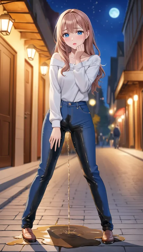 ((best quality, masterpiece:1.3, 8K)), (detailed), highly detailed face and skin texture, detailed eyes, full body, outdoor, nighttime, autumn, (slender body:1.1), 1girl, (solo), white skin, bright lips, worried, embarrassed, panicking, long hair, boho out...