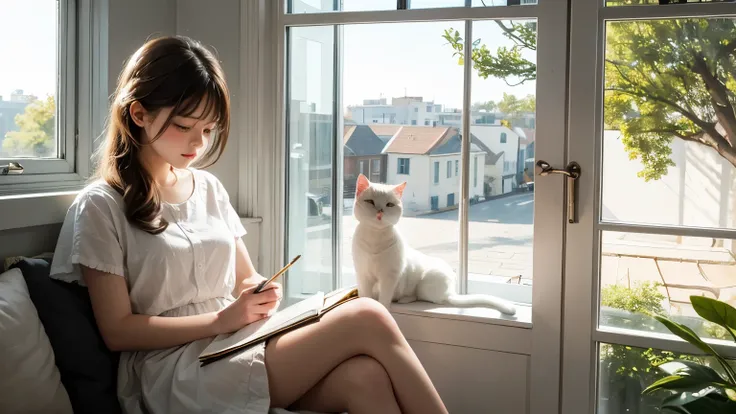 I want a painting of a young girl sitting studying by the window, with a white cat sleeping peacefully beside her, the girls eyes focused on studying, the gentle morning sunlight.