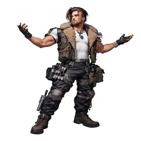 military look, short brown hair, muscular build, brown leather vest with fur collar, white t-shirt, black tactical pants, various utility pouches attached, black combat boots, black gloves, rugged and prepared appearance, dog tags around his neck, confiden...