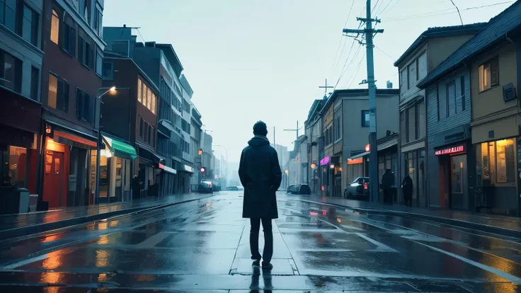 a painting depicts a young man with a sorrowful expression, standing in the rain. he is standing in the middle of a quiet street...