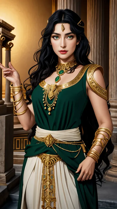 Photorealistic Image of A Gorgeous 30-Year-Old Greek Female Goddess, (Messy Long Black Hair), (Dark Green Eyes), (Fair Skin), (Wearing Green Revealing Maiden Attire with Golden Jewelries), (Greek Temple at Night), (Dynamic Pose), Waist-Up Shot, View From F...