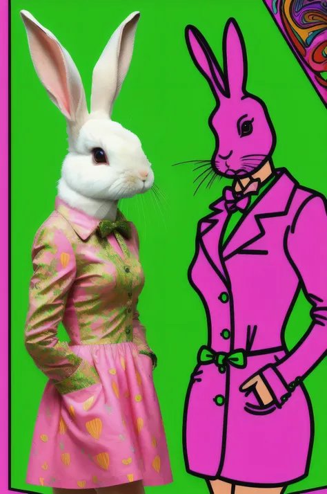 a rabbit with a pink dress and a neon green background , psychedelic_noir, masterpiece, top quality 