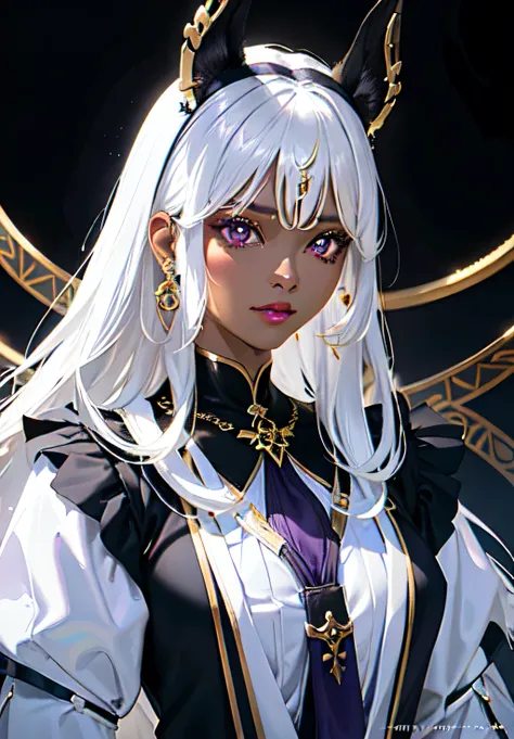 A  with a leash of straight white hair, dark skin, Latin ancestry, purple irises, wearing a black tatical suit with golden threads and wearing golden earrings shaped like snakes. Detailed eyes, detailed face, intricate grunge outfits, cinematic lighting, r...