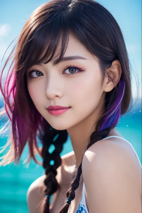 high quality, real、High resolution, Realistic、8k、masterpiece, detailed.impressive, Cutting-edge female photography portraits、Happy expression、Looking at the camera、cyan, and purple, Her vibrant makeup really catches the eye.. Her colorful hair is tied up h...