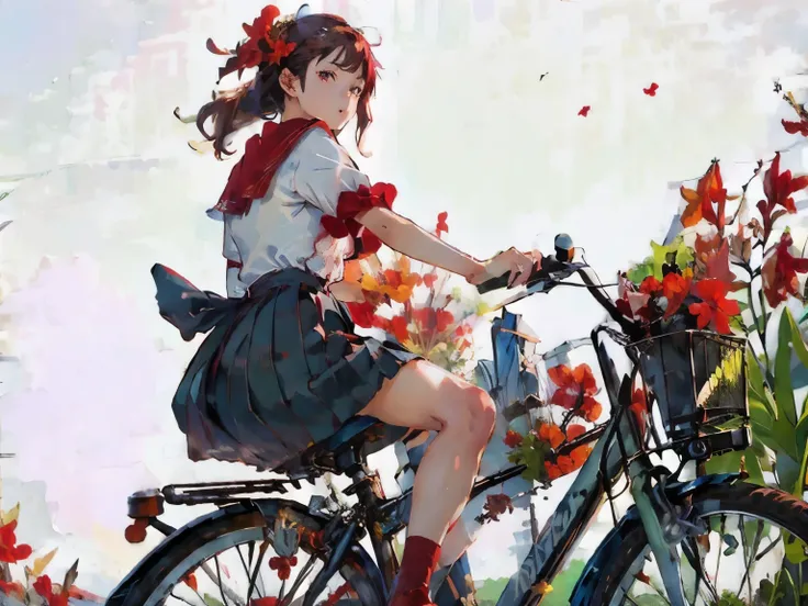 (masterpiece, highest quality:1.2), one girl, ride a bicycle, alone, a look of disgust、(red canna flowers blooming)、