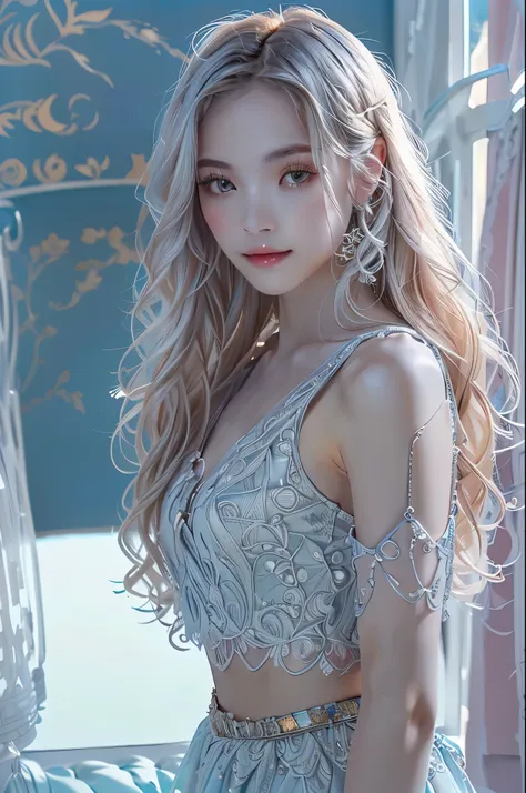 Long Wavy Hair, Intricately designed sleeveless top with intricate embroidery, matching skirt, Silver Arm Accessories, Relaxed pose, Smooth Skin, Soft natural light, Light from the right, Calm and elegant atmosphere, Side view, Shallow depth of field, Bala...