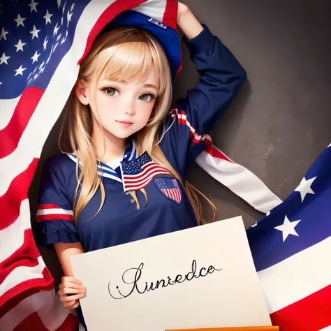 Write me USA girl and boy stendep to usa flag 