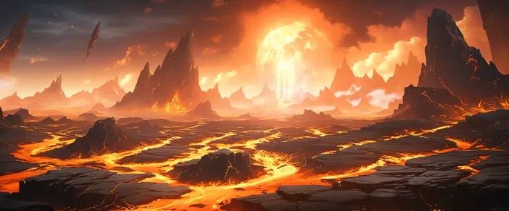 Scene concept, enough field, 3D Rendering, extremely sharply detailed, masterpiece, high quality, enough, landscape, unmanned, fire, Sky, cloud, Orange theme, rock, protrude，Fire Flame Mountain，BOSS battle scene，There is a big disk in the middle