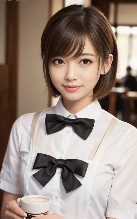 Cute 2 Japanese、apron、Black bow tie、Waiter、Cafe、Highly detailed face、Attention to detail、double eyelid、Beautiful thin nose、Sharp focus:1.2、beauty:1.4、(Light brown hair、short hair、)、Pure white skin、Highest quality、masterpiece、Ultra-high resolution、(Realisti...