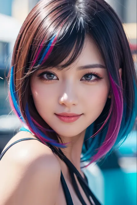 high quality, real、High resolution, Realistic、8k、masterpiece, detailed.impressive, Cutting-edge female photography portraits、Happy expression、Eyes in Love、Looking at the camera、cyan, and purple, Her vibrant makeup really catches the eye.. Her colorful hair...