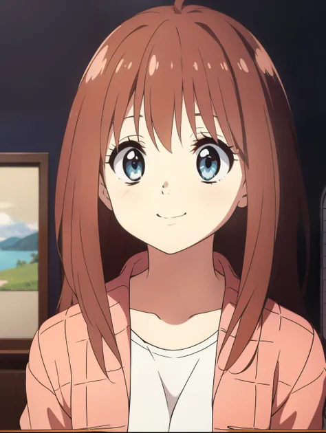 Ai shindou, 1girl, solo, long hair, floating hair, white tank up shirt,white tank up shirt, brown hair,  long sleeves, blue sea eyes, plaid,  smile, cover mouth  and nose with both hands, plaid skirt, ribbon, cowboy Shot,
home in the room,
masterpiece, hig...