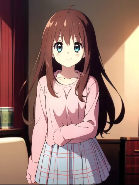 Ai shindou, 1girl, solo, long hair, floating hair, white tank up shirt,white tank up shirt, brown hair,  long sleeves, blue sea eyes, plaid,  smile, cover mouth  and nose with both hands, plaid skirt, ribbon, cowboy Shot,
home in the room,
masterpiece, hig...