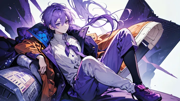 
man, Short purple hair, Odd-eyed, right eye orange pupil, left eye blue pupil, Wearing a cozy beige cardigan with large buttons over a white top, And purple shoes, Simple and casual style