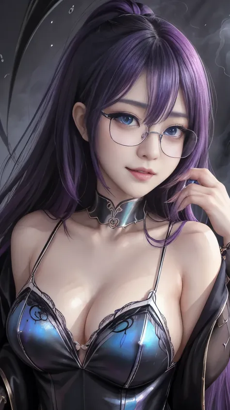 強力なスーパーevil女がクローズアップでポーズをとる, Black Goddess (Exposing shoulders), length, Flowing purple hair, (((Glasses))),View your viewers, Highly detailed face, Perfect hands, Blue smoke swirling around her, evil事を愛する, Captivating blue eyes, Dark fantasy, Genuine, Sym...