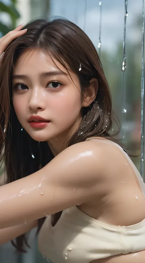 (Highest quality、4K、Masterpiece:1.3)、Cute woman、1 Girl、sexy:1.1、Dark Brown Hair:1.1、(Raindrops、Raindrops、Wet body:1.2)、White tank top、Ultra detailed face、Detailed lips、Detailed eyes、double eyelid、(nipple)、See-through、、(Underboob)、