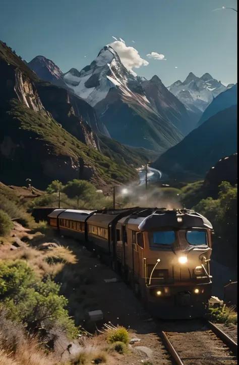 oil painting, a train crossing through a mountainous landscape in south america, detailed mountains, lush vegetation, dramatic l...