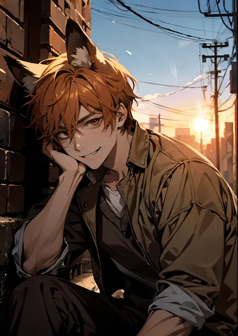 1 fox boy，Fox ears，Brown_Eye,Biting a lollipop, Wicked Smile，Handsome, Conductor，Orange short hair，Atmospheric perspective, movie lighting，The sun hits the face，snow white skin，sitting in ruins