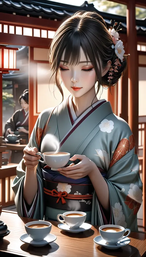 1girl,japanese tea house,selling coffee in japanese tea cups,woman in japanese kimono,elegant and gorgeous japanese beauty,beaut...