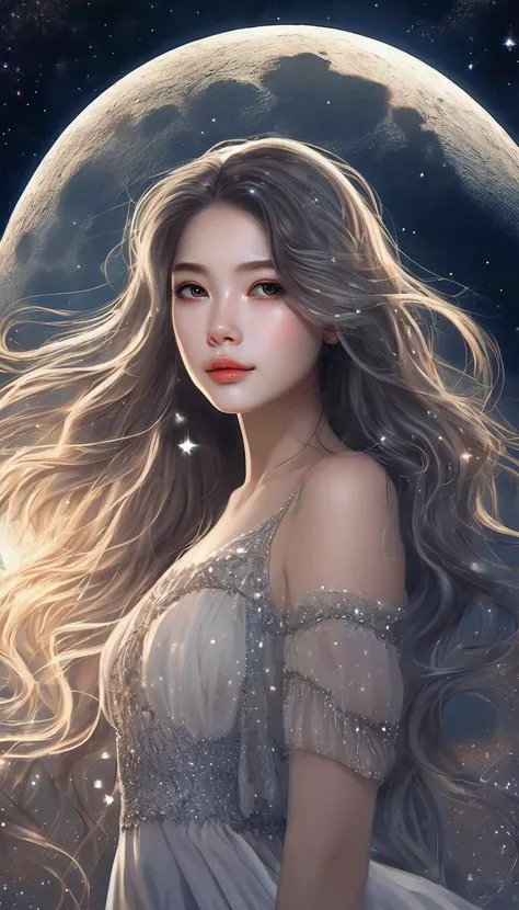 Full moon shining , a beautiful girl in a starry night field, long flowing hair, shining eyes, serene expression, detailed face, detailed elegant dress, ethereal moonlight, glowing stars, cosmic landscape, photorealistic, digital art, highly detailed, mute...