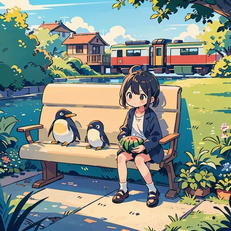 Highest quality, masterpiece, train, Inside the train, penguin, sit, watermelon, seat, buzzer, green, City, Tokyo, buzzer休み, Penguin wearing a straw hat