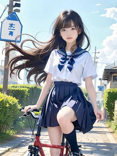 (masterpiece, Highest quality:1.2), 8k, Young and beautiful girl, Official AR RAW Photos, Baby Face、Big Breasts、One girl riding a bicycle, alone、high school girl、uniform、(from the front)、blue sky, cumulonimbus, Grassland Background,, Biologically correct, 