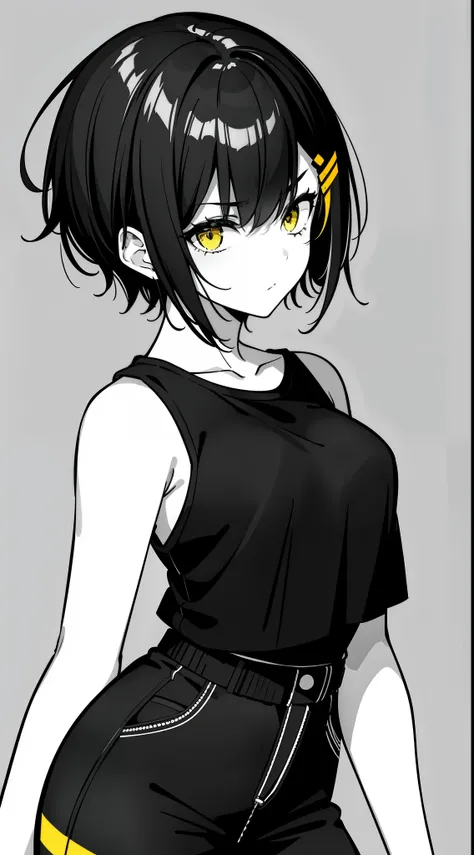 1girl, side portrait, black and white, messy short hair, edgy accessories, sporty style, casual t-shirt, confident gaze, monochrome yellow color scheme, looking to the side, chic street fashion, casual hands in pockets pose, Hairpin