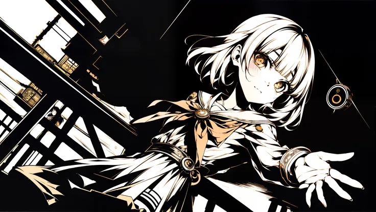 胸に手を当てる、reaching out 、from below、ショートヘア、blunt bangs、輪っかの目、オレンジ色の瞳、v5lcn style,(Best Quality,masutepiece:1.2),(Anime style,Comic Noir Style:1.1),1girl in,cute-style,Adorable,extremely detailed eye,extra detailed face,very detail hair,8K,resolution,High Scho...