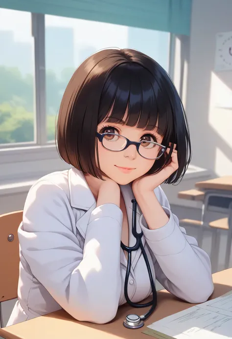 score_9,score_8_up,score_7_up,masterpiece,highest quality, source_anime, realistic, super detailed, extreme detailed, rating_safe, 
1girl, female doctor, sitting at desk, hand on glasses,
BREAK girl, 22yo, short hair, bob cut, (blunt bangs), black hair, (t...