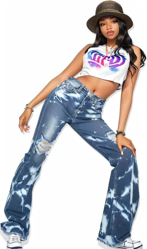 20 year old girl, elegant, very long wavy black hair, light brown skin, wide brimmed hat, trendy tie-dye crop top, high waisted flared jeans, white sneakers, casual and fun pose, relaxed posture, looking at viewer, smooth skin, casual indoor setting, soft ...