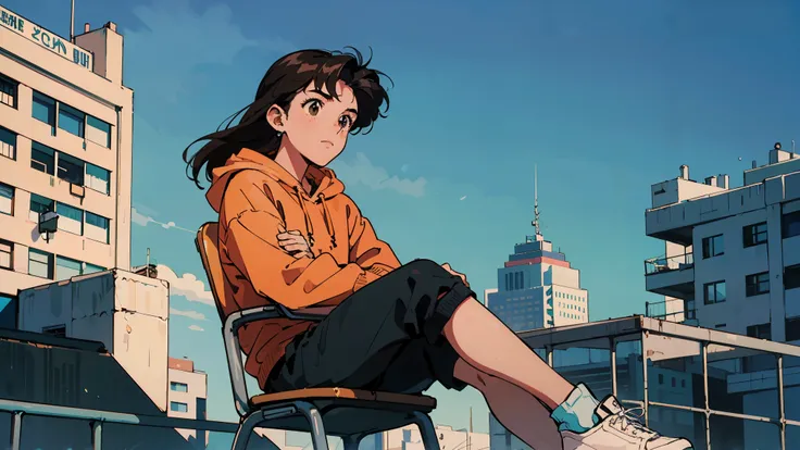 Best image quality, 90s style animation, black hair, long hair, light brown eyes, With a loose hoodie, 90s fashion, outdoors, city, sight, building, blue sky, Sitting on a school chair