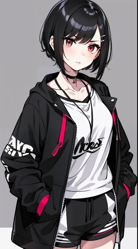 1girl, side portrait, black and white, messy short hair, edgy accessories, sporty style, casual t-shirt, confident gaze, monochrome red color scheme, looking to the side, chic street fashion, casual hands in pockets pose, Hairpin