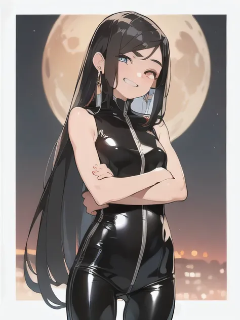 (one eye closed),(Butiful black hair:1.6),Long Hair,(Straight hair:2.0),Center Parting,Gorgeous big eyes,((boyish:1.8)),Dark Eyes,(tall),(scrawny),(((A confident smile))),Medium Bust,high school girl,(golden circle earrings),BREAK,full bodysuit,latex,sleev...