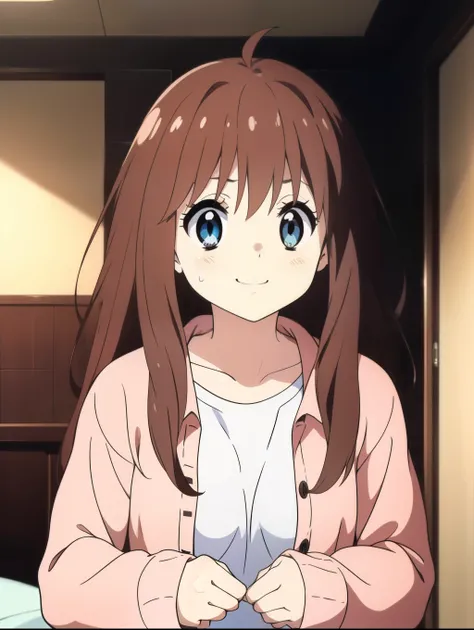 Ai shindou, 1girl, solo, long hair, floating hair, white tank up shirt,white tank up shirt, brown hair,  long sleeves, blue sea eyes, plaid,  smile, cover mouth  and nose with both hands, sweat pant, ribbon, sweat pant Shot,
home in the room,
masterpiece, ...