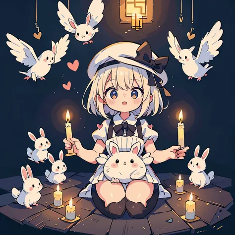 Highest quality, masterpiece, White Rabbitのマジシャン, White Rabbit, silk hat, black, Trump, Have an A of Hearts, Doubtful, Pigeons fly, blackデスク, Candle, dark